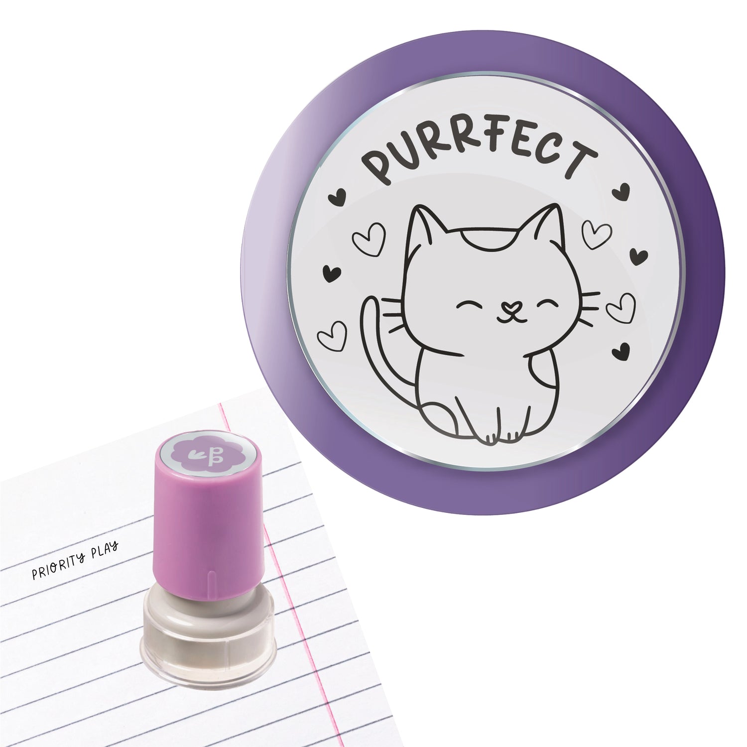 Purple stamp with a cat illustration and &