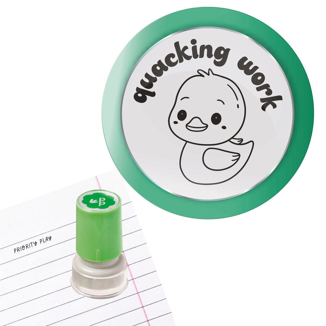 A cheerful duck illustration with the words “quacking work” on a teacher stamp.