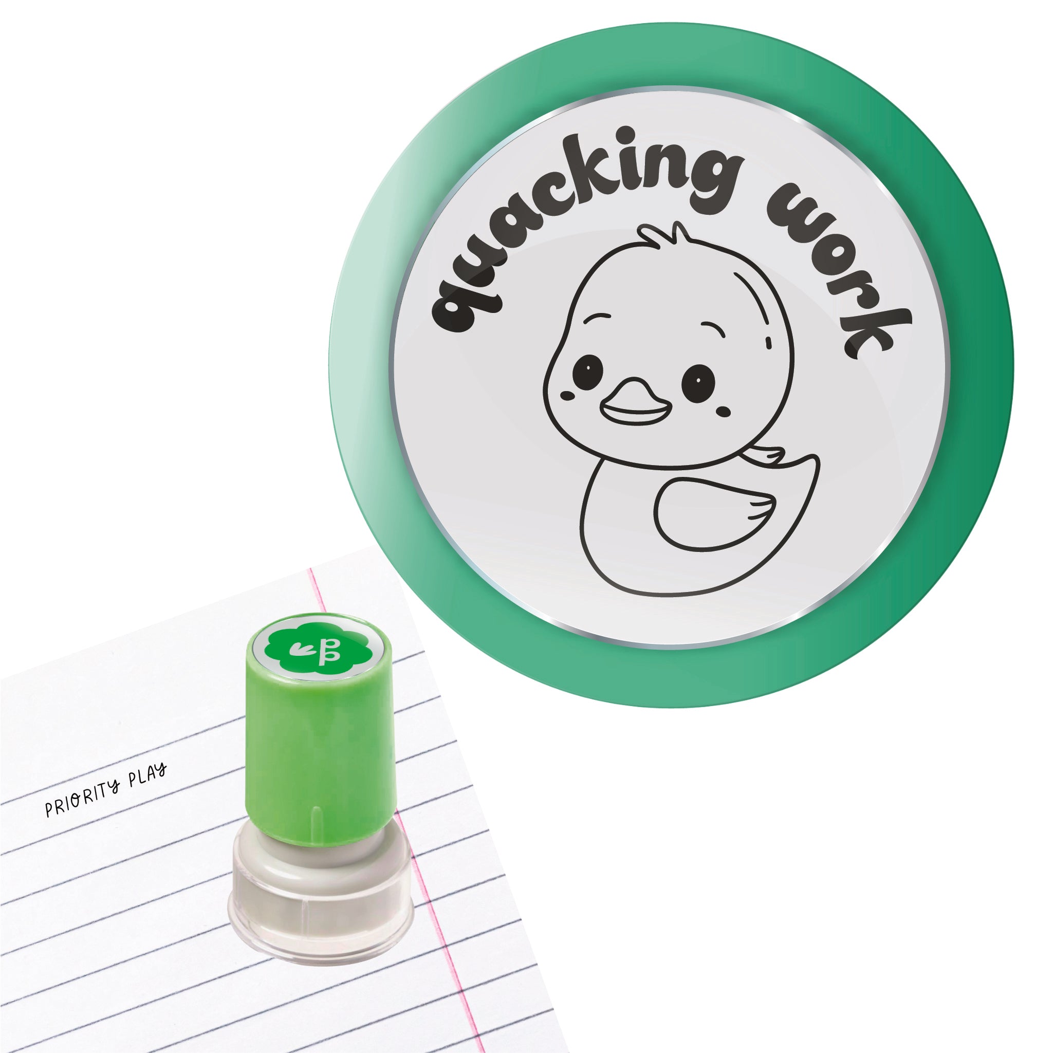 A cheerful duck illustration with the words “quacking work” on a teacher stamp.