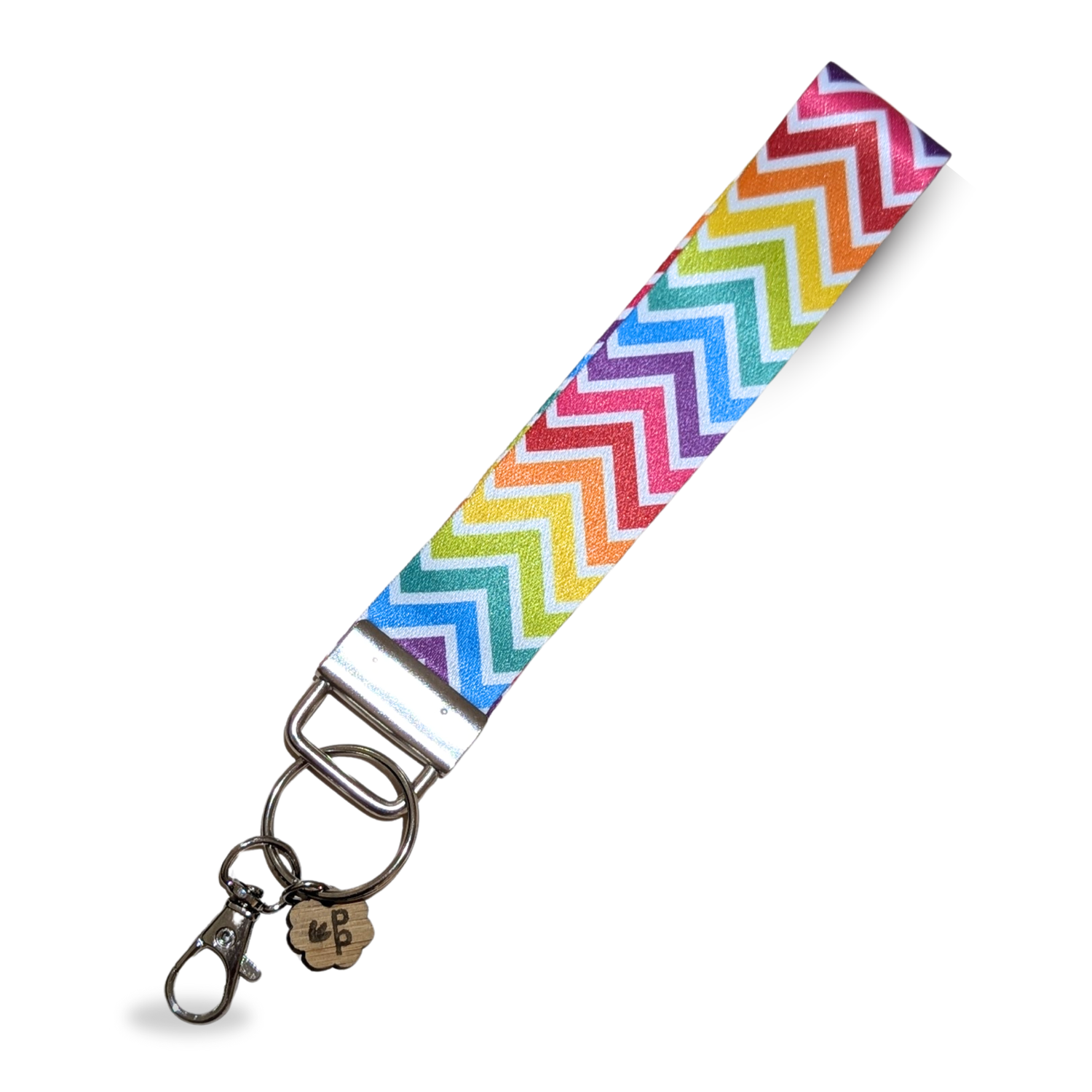 Vibrant rainbow chevron pattern fabric wristlet keychain, handmade and perfect for keys or gifts