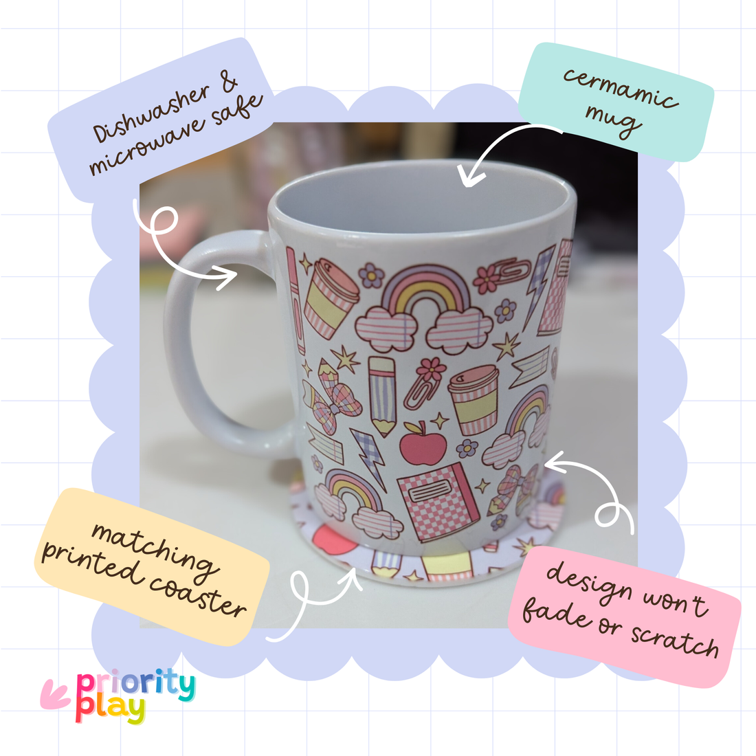 Flatlay of rainbow and cloud themed ceramic mug and coaster set in pastel colours by Priority Play.