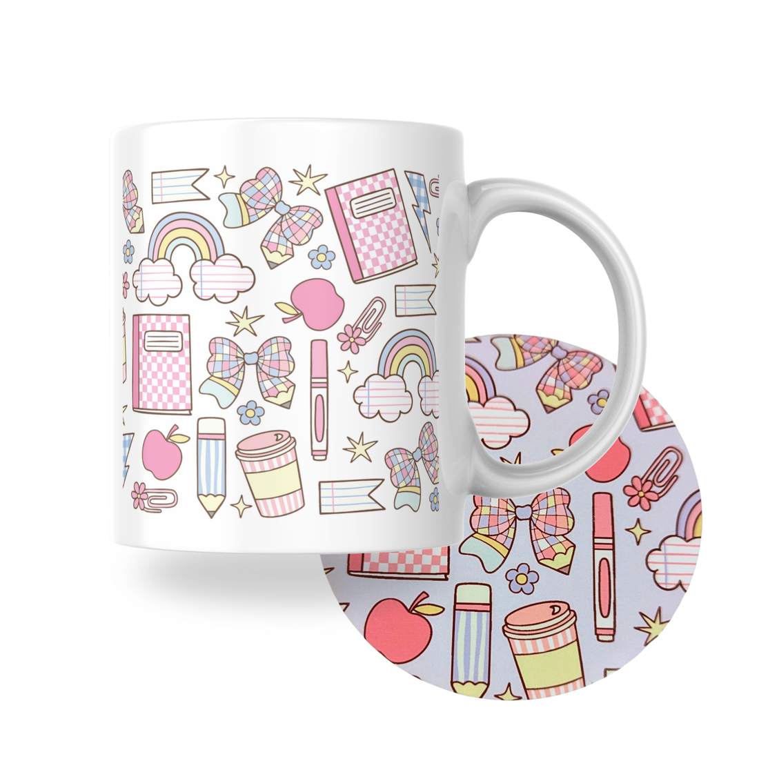 Rainbow and clouds ceramic mug and matching coaster set with pastel school icons by Priority Play.