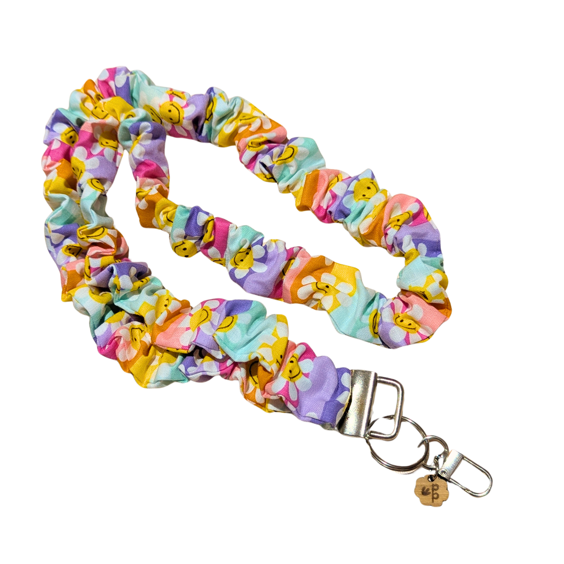 Colorful scrunchie lanyard with a metal clasp on a white background