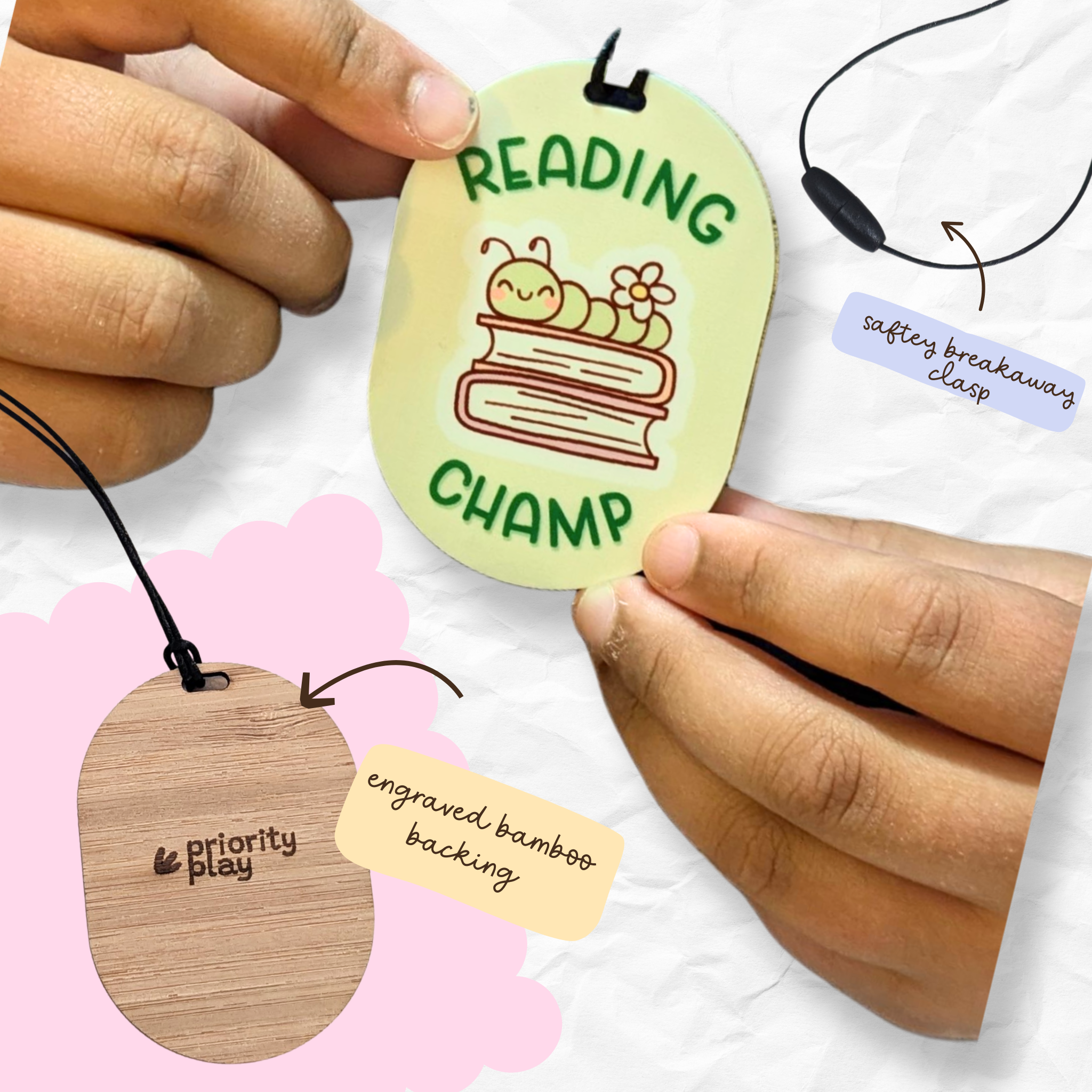 Close-up of the Reading Champ reward badge for kids featuring engraved bamboo backing, safety breakaway clasp and cute bookworm design by Priority Play