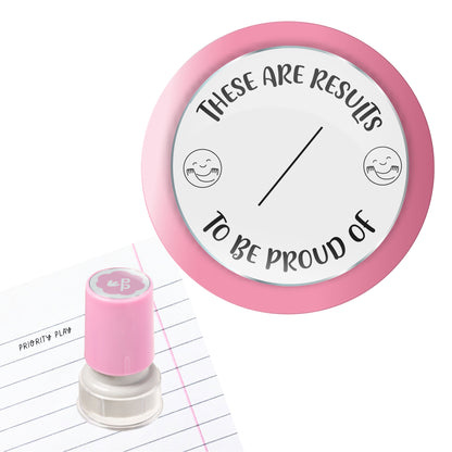Positive round stamp saying “These are results to be proud of” with a central marking line and smiling emoji illustrations.