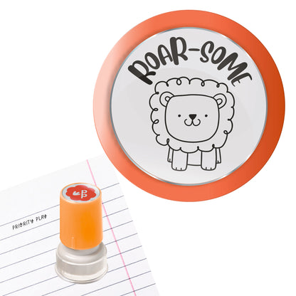 A cute cartoon lion with the text “roar-some” on a teacher stamp