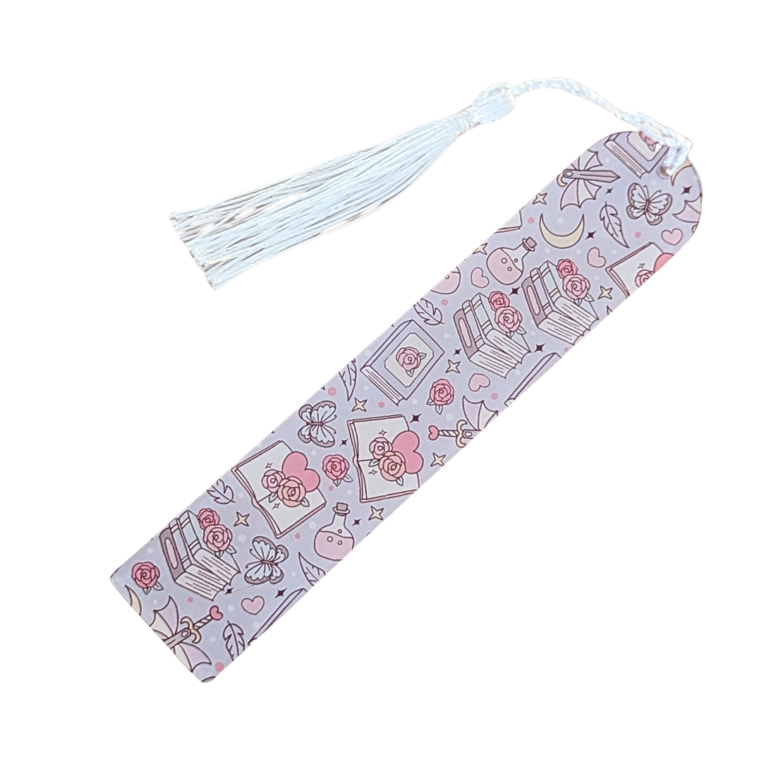 Handmade acrylic bookmark with pink roses, books, and hearts in a romantic theme, finished with white tassel.