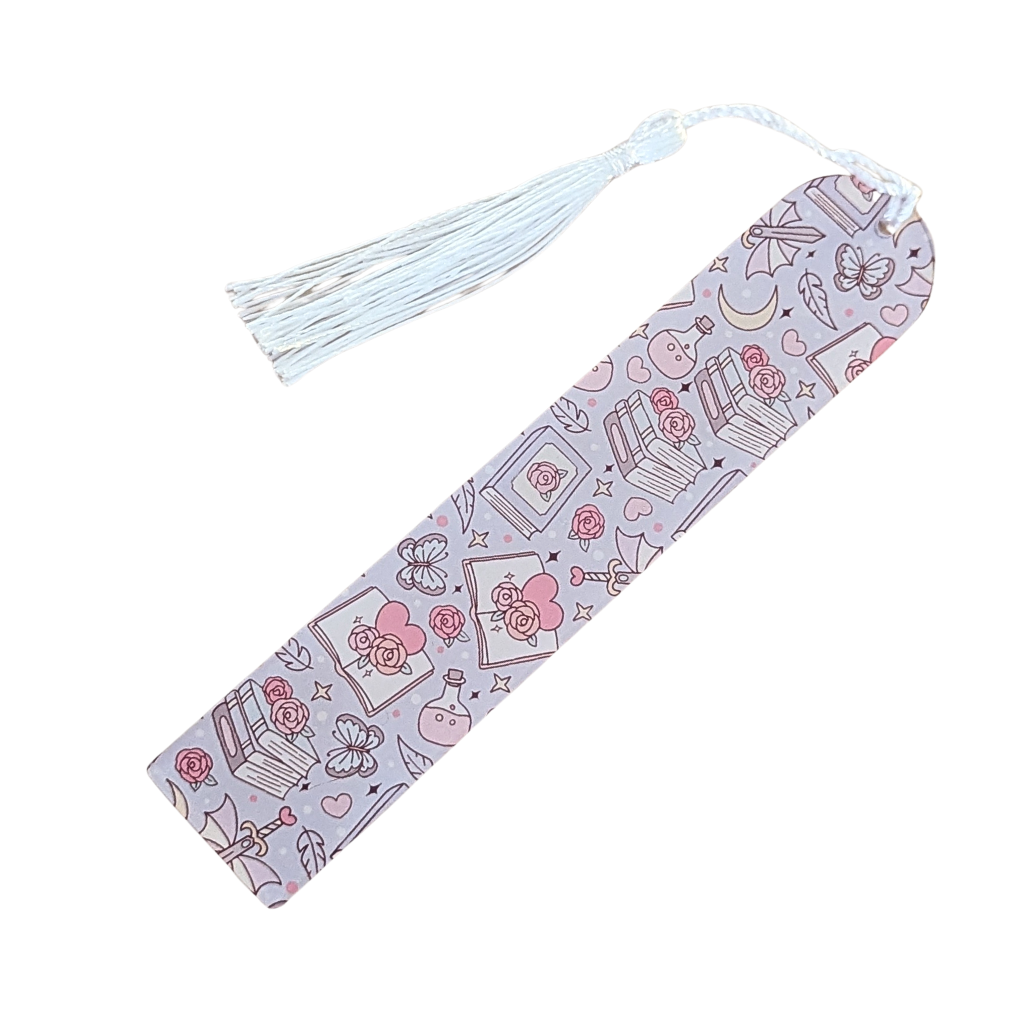 Handmade acrylic bookmark with pink roses, books, and hearts in a romantic theme, finished with white tassel.