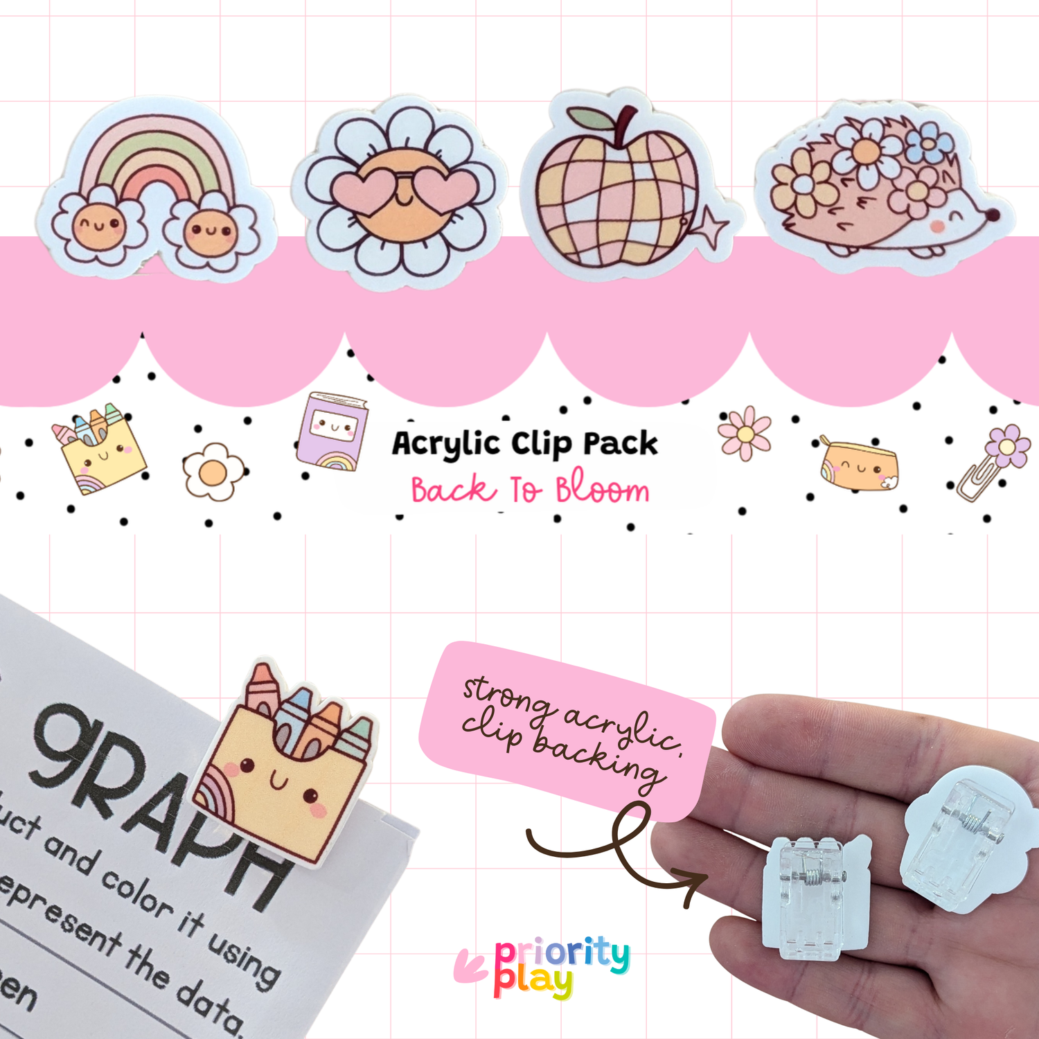 Back to Bloom acrylic clip pack featuring rainbow, flower, apple, and hedgehog designs – adorable floral stationery clips for students and teachers.
