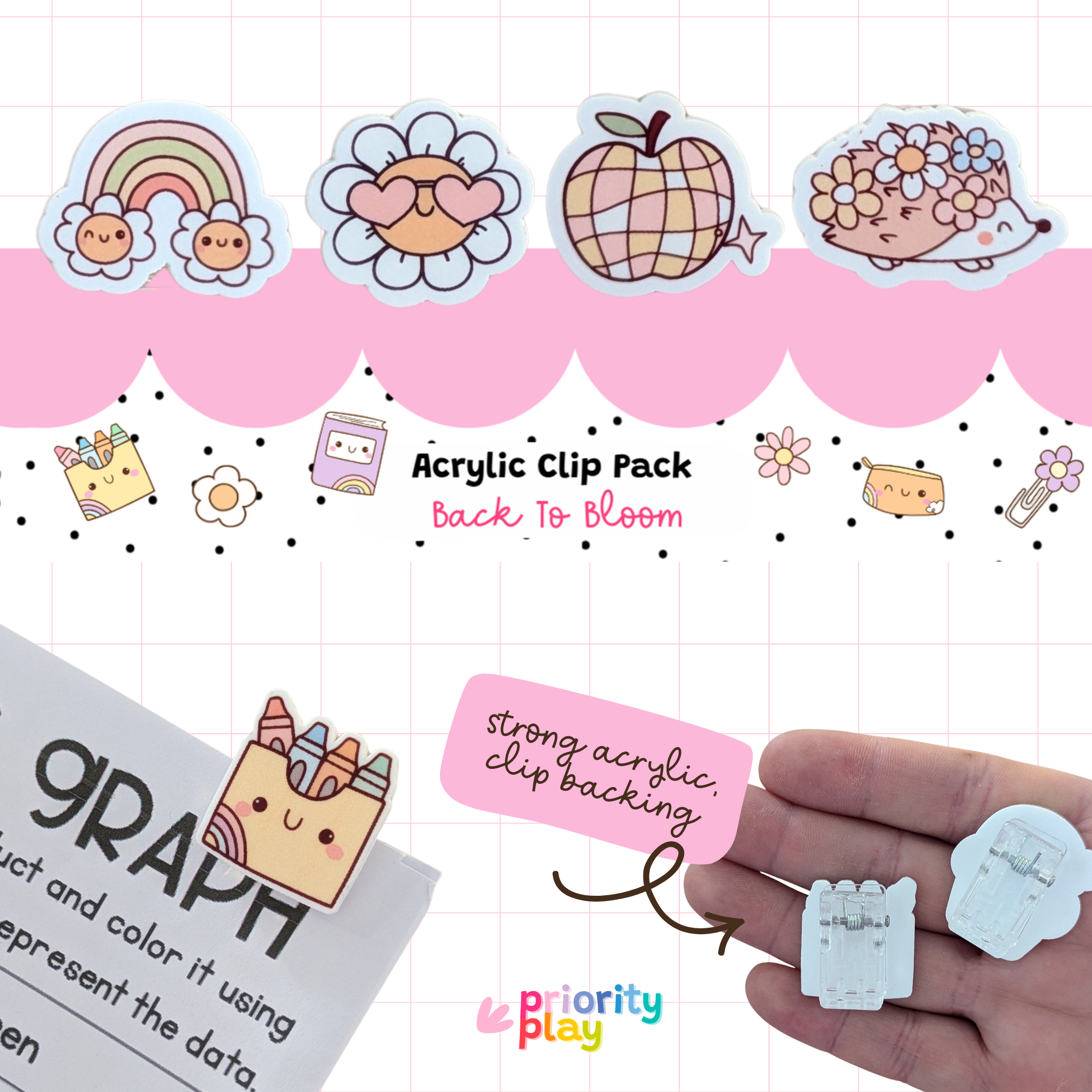 Back to Bloom acrylic clip pack featuring rainbow, flower, apple, and hedgehog designs – adorable floral stationery clips for students and teachers.