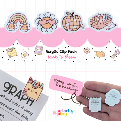 Back to Bloom acrylic clip pack featuring rainbow, flower, apple, and hedgehog designs – adorable floral stationery clips for students and teachers.