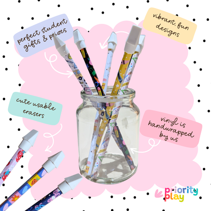 Vinyl wrapped school supplies pencils arranged in a jar featuring colourful stationery doodles – fun back-to-school gift set from Priority Play