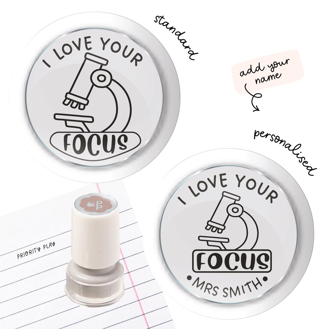 Science teacher stamp featuring a cute microscope and the message ‘I love your focus