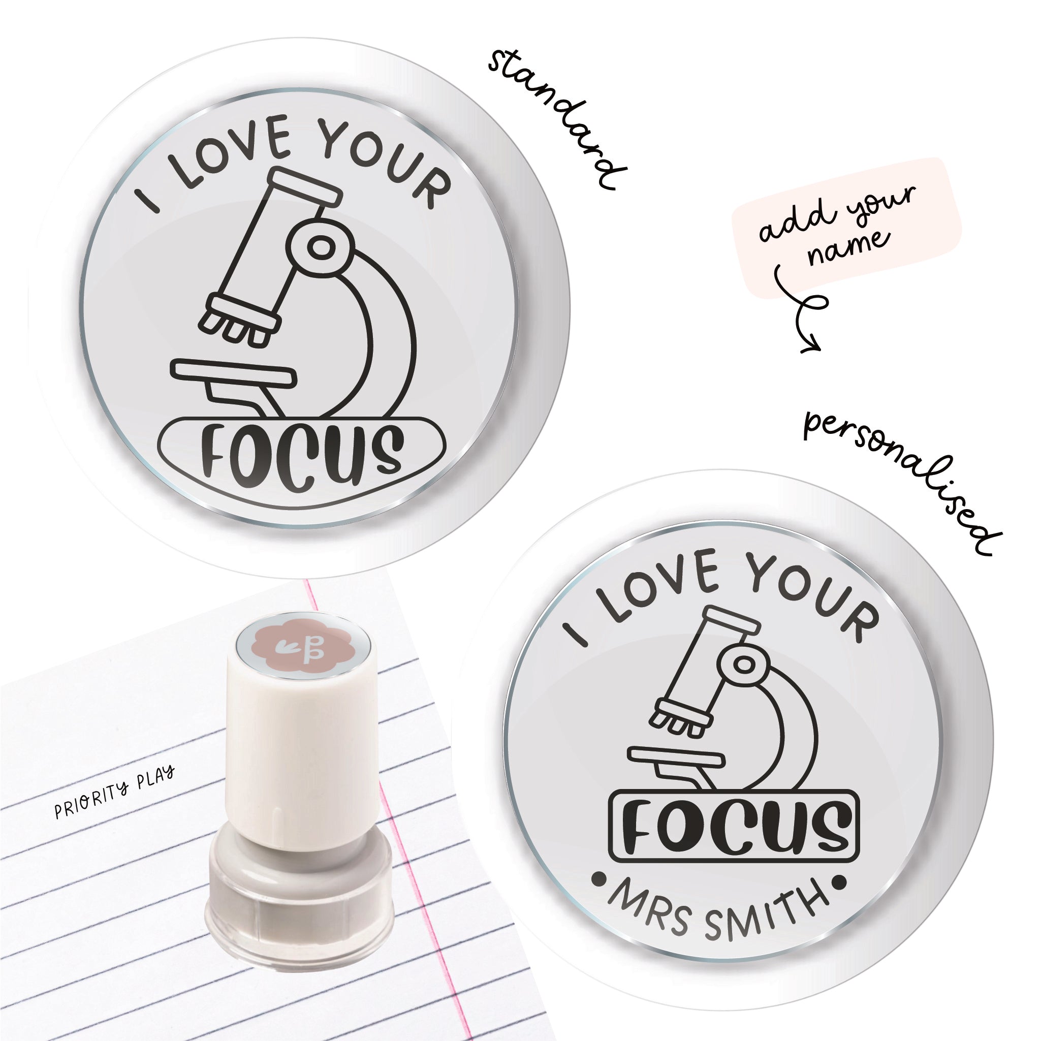 Science teacher stamp featuring a cute microscope and the message ‘I love your focus