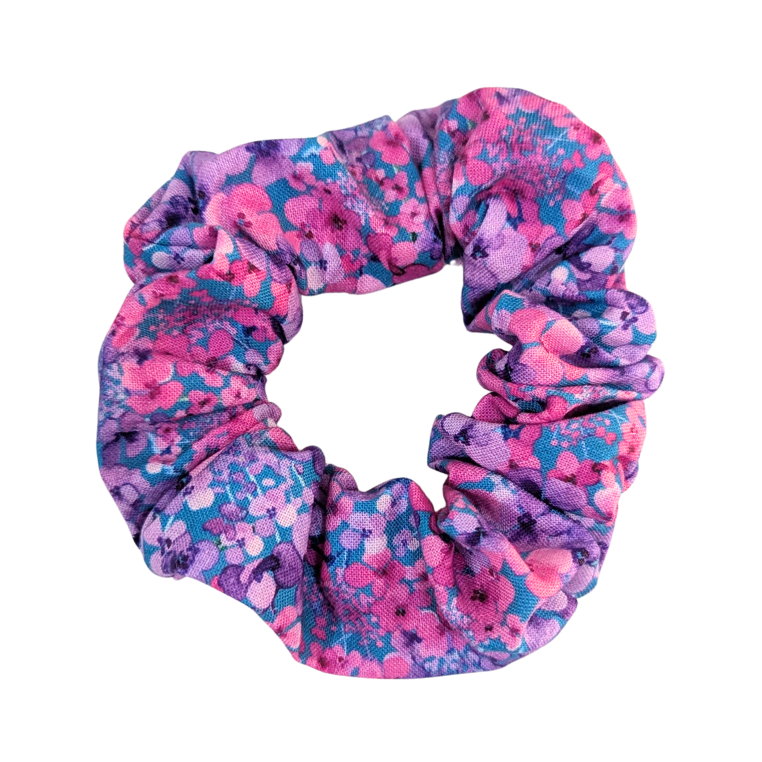 Handmade purple blossom scrunchie with purple floral and leaf design