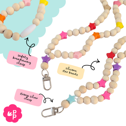 Teacher lanyard featuring silicone star beads and natural wooden beads with breakaway clasp