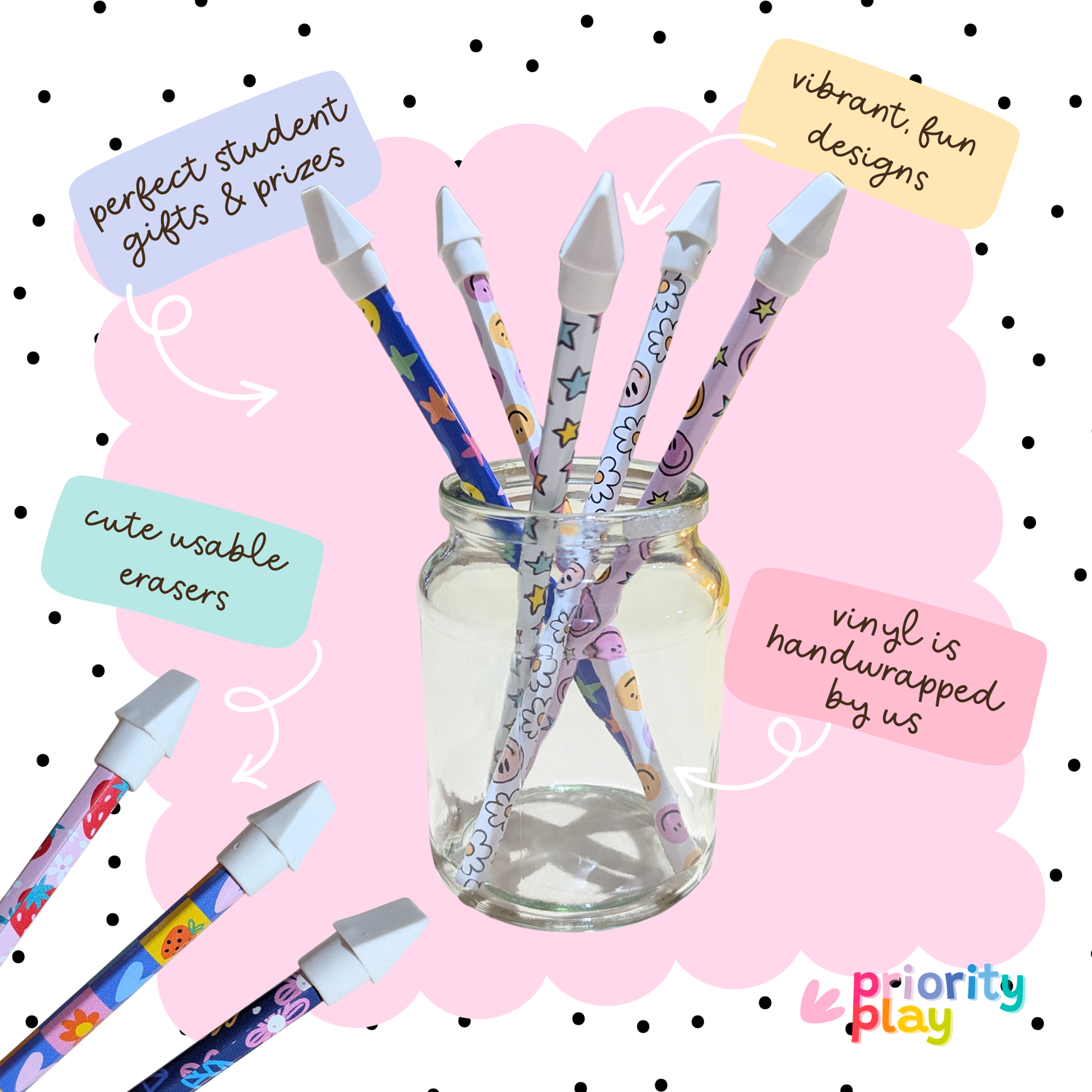Smiley face and star vinyl wrapped pencils displayed in a bright jar – fun motivational pencils for classroom rewards by Priority Play.