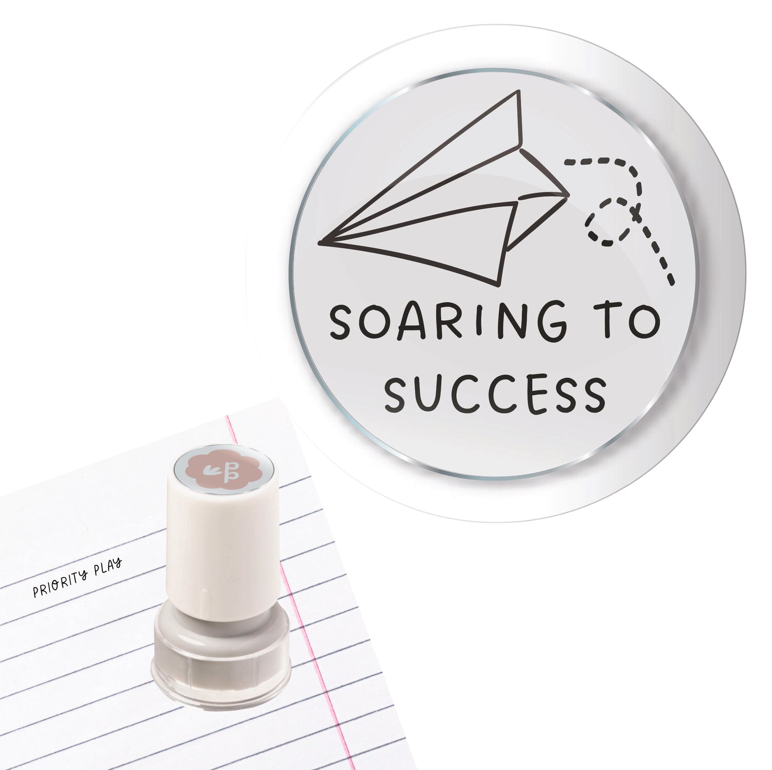 A teacher stamp showing a paper plane with a dotted trail and the message “Soaring to Success.”