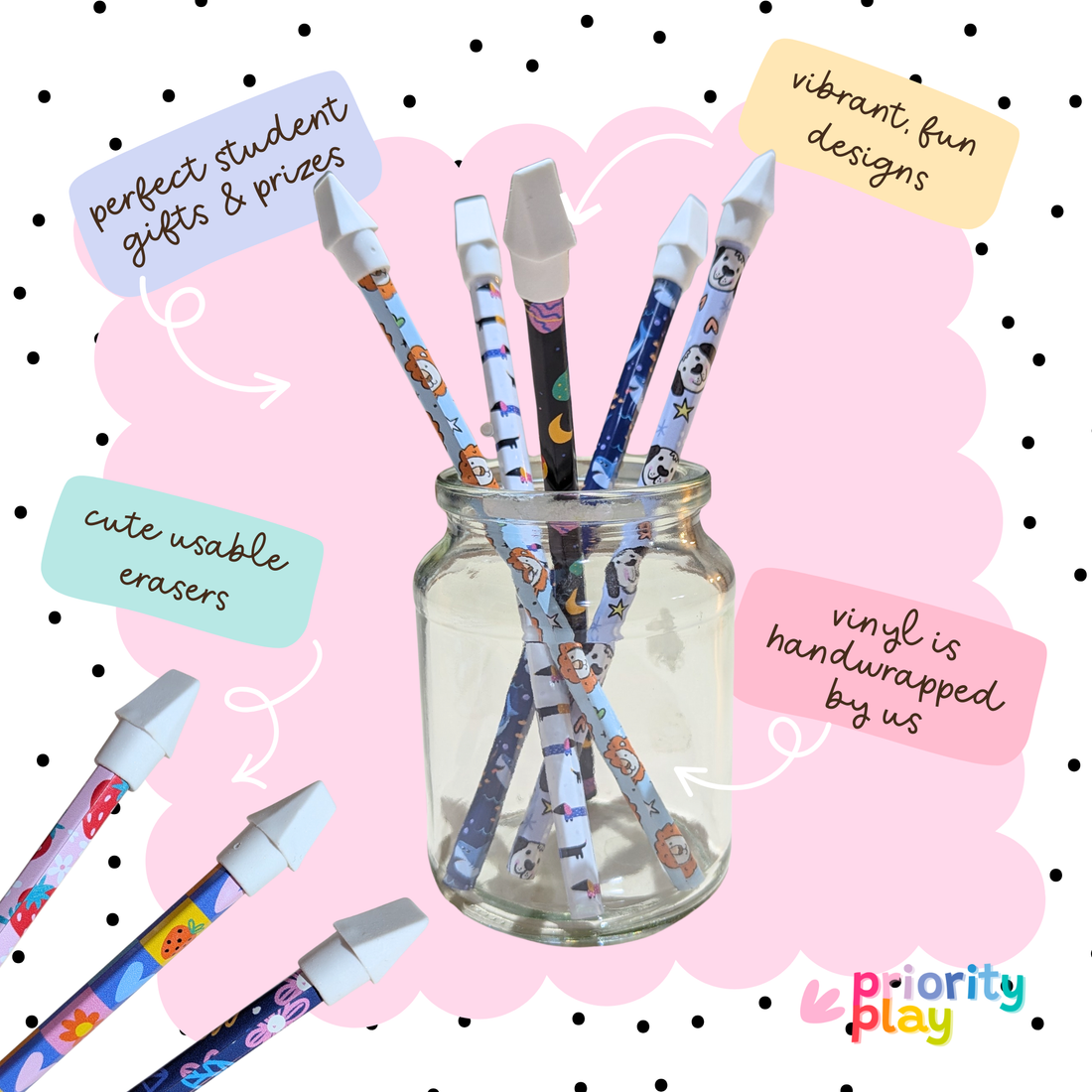 Handwrapped vinyl pencils with cute animal and space designs, displayed in a glass jar, perfect for student gifts and prizes.