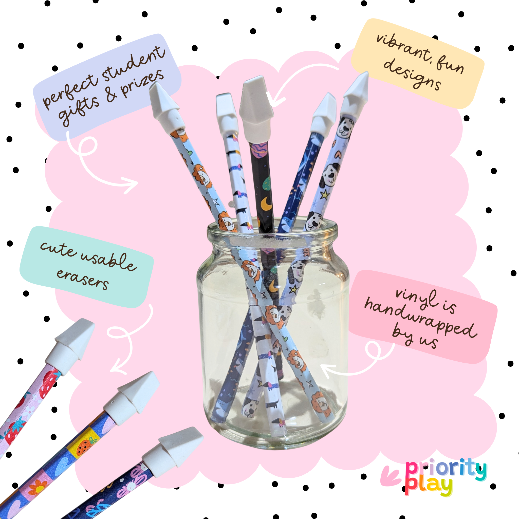 Handwrapped vinyl pencils with cute animal and space designs, displayed in a glass jar, perfect for student gifts and prizes.