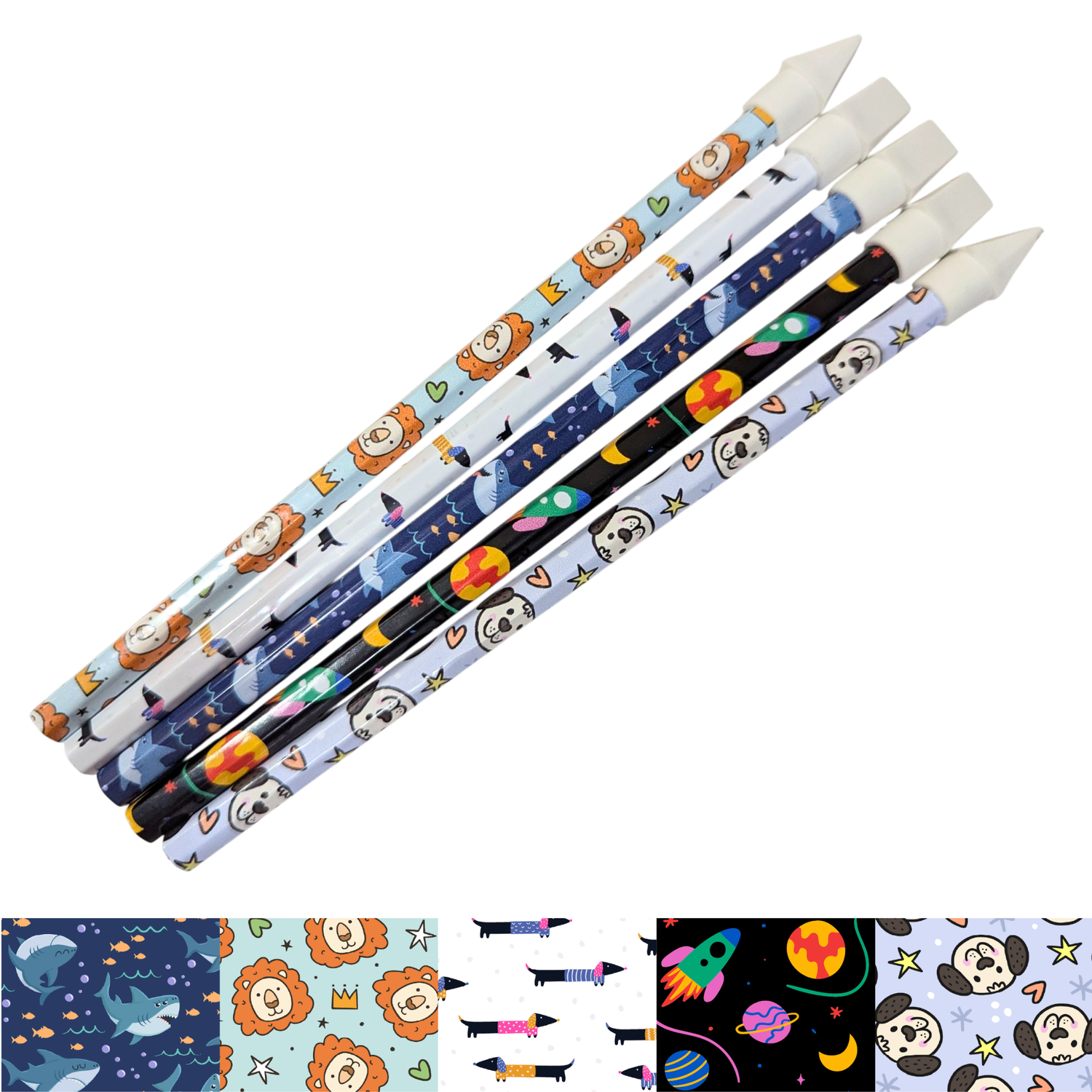 Vinyl wrapped pencils with space rockets, lions, pandas and sharks, handmade for kids and students by Priority Play