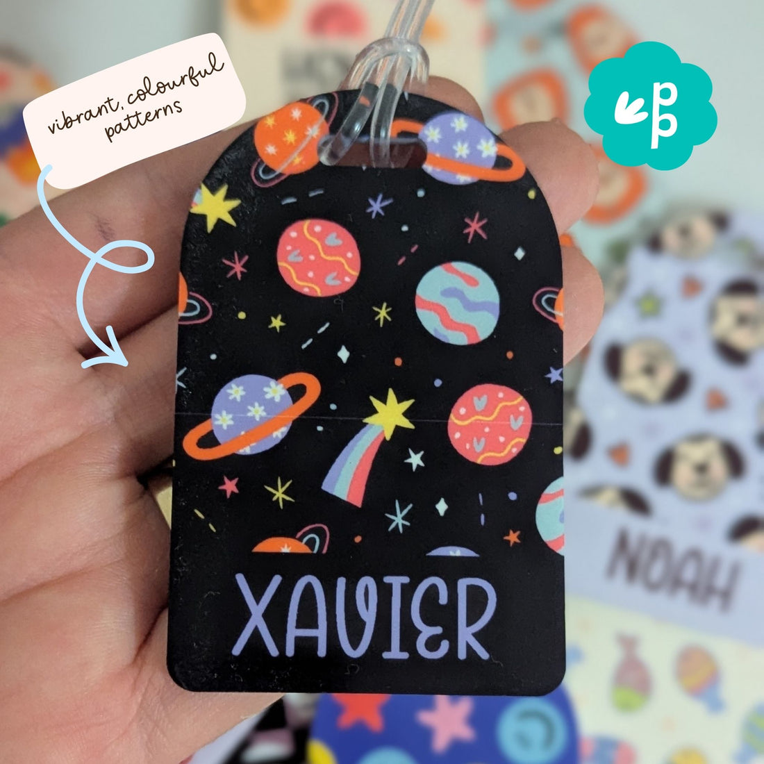 Space themed personalised kids bag tag with planets and stars design, custom name luggage tag by Priority Play