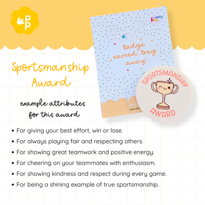 Sportsmanship Award badge from Priority Play with a golden trophy illustration and qualities promoting teamwork, fairness, and respect in school sports.