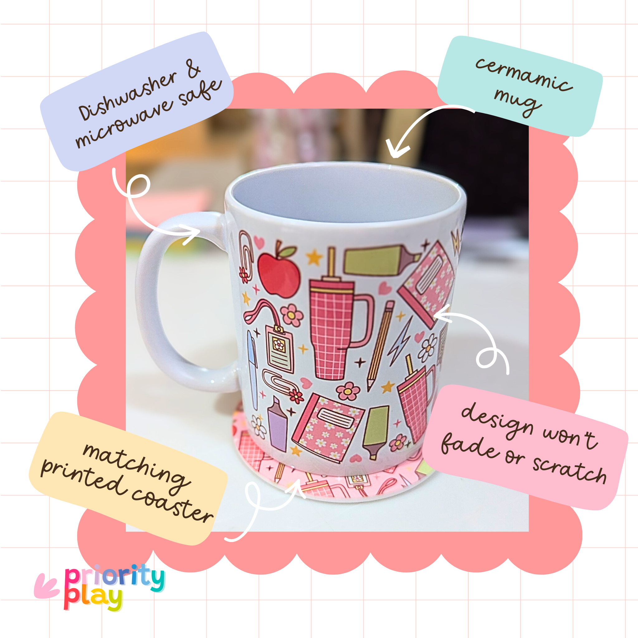 Flatlay of pastel stationery and tumbler design ceramic mug with matching coaster by Priority Play.