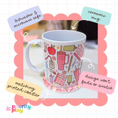 Flatlay of pastel stationery and tumbler design ceramic mug with matching coaster by Priority Play.