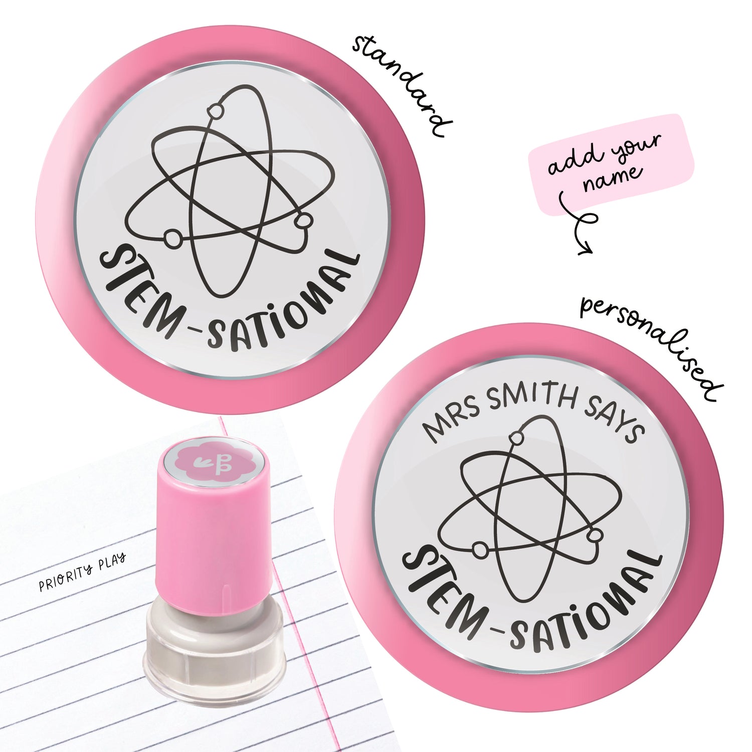 STEM-sational! teacher stamp with a smiling atom character giving positive feedback.