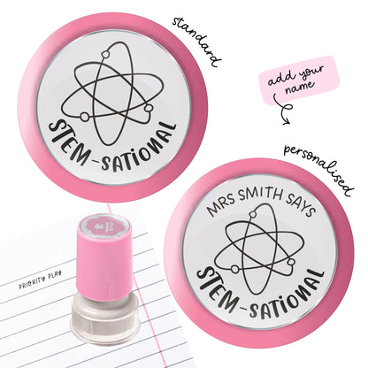 STEM-sational! teacher stamp with a smiling atom character giving positive feedback.