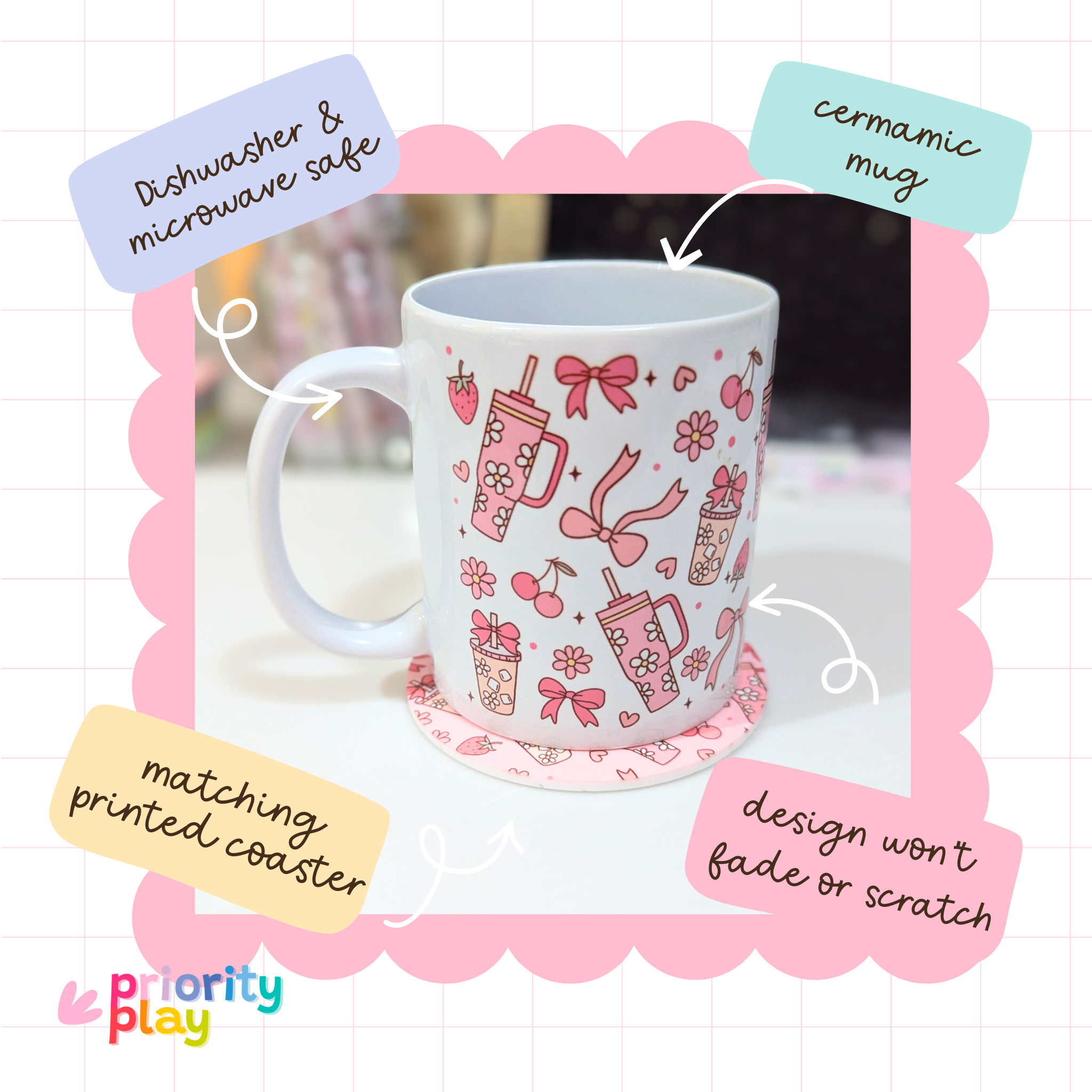 Flatlay of pink strawberry and bow patterned mug and printed coaster set from Priority Play.