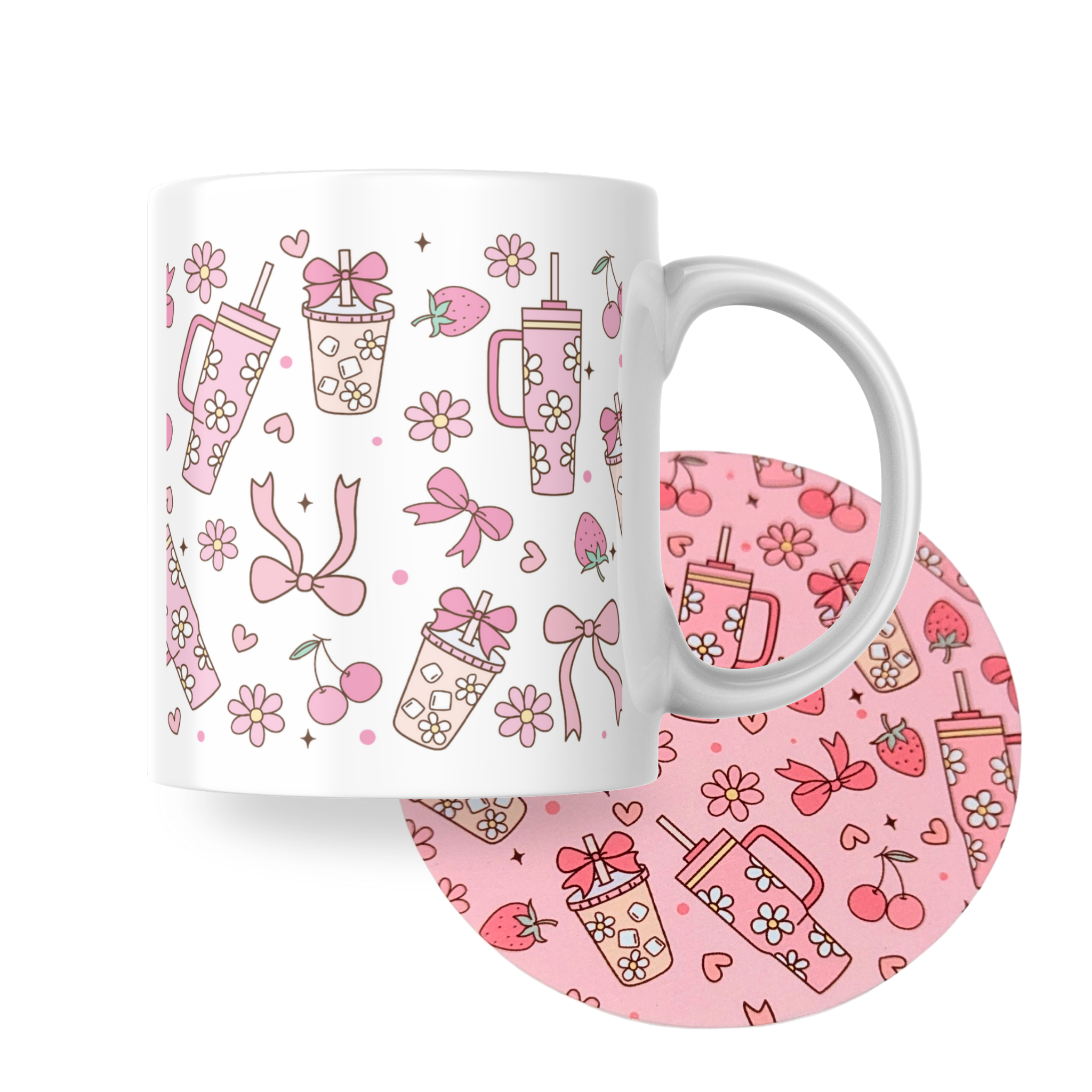 Strawberry cherry bubble tea mug and coaster set with cute drink cups, bows, and flowers in pink pastel — a kawaii aesthetic home accessory by Priority Play.