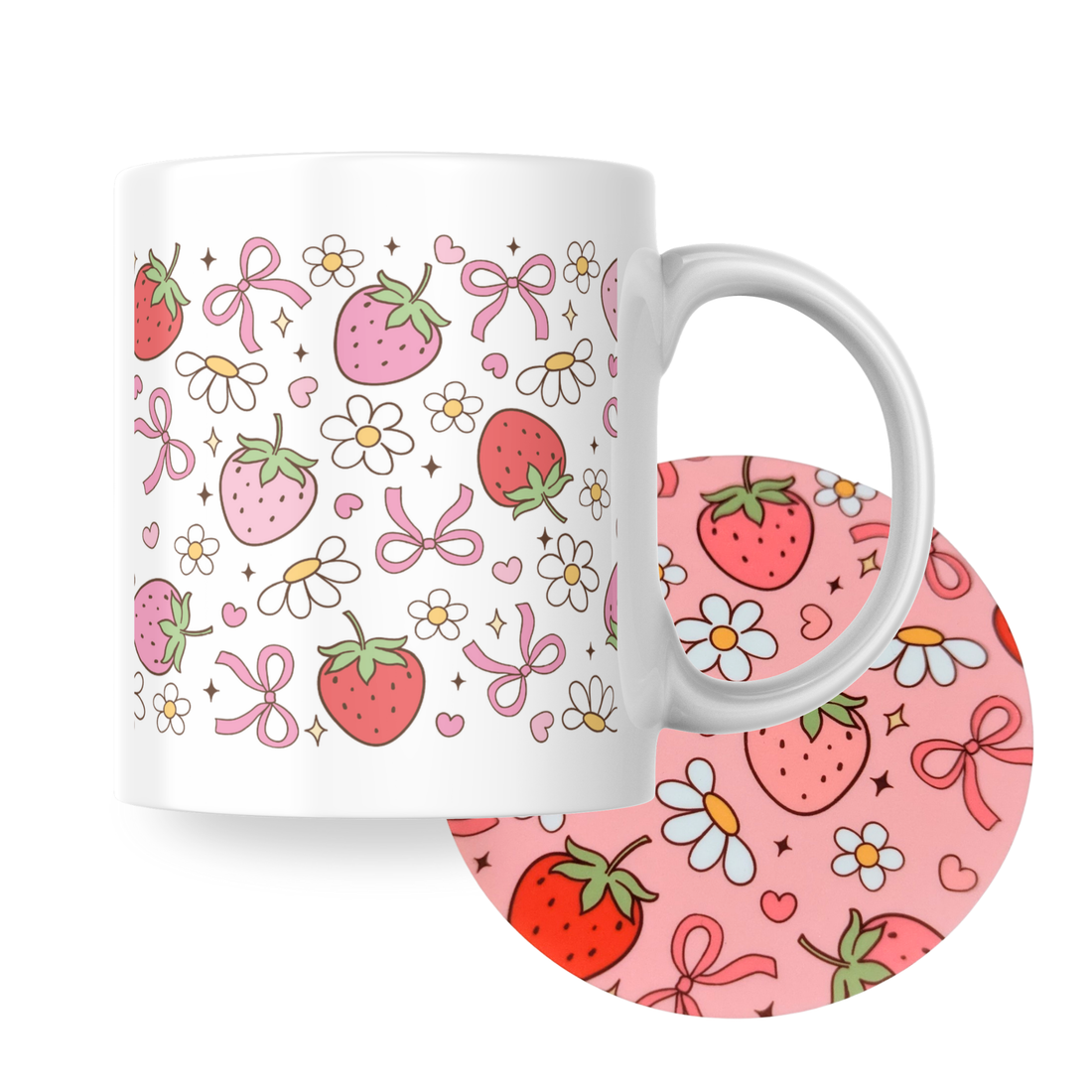 Strawberry and daisy patterned ceramic mug with matching printed coaster from Priority Play.