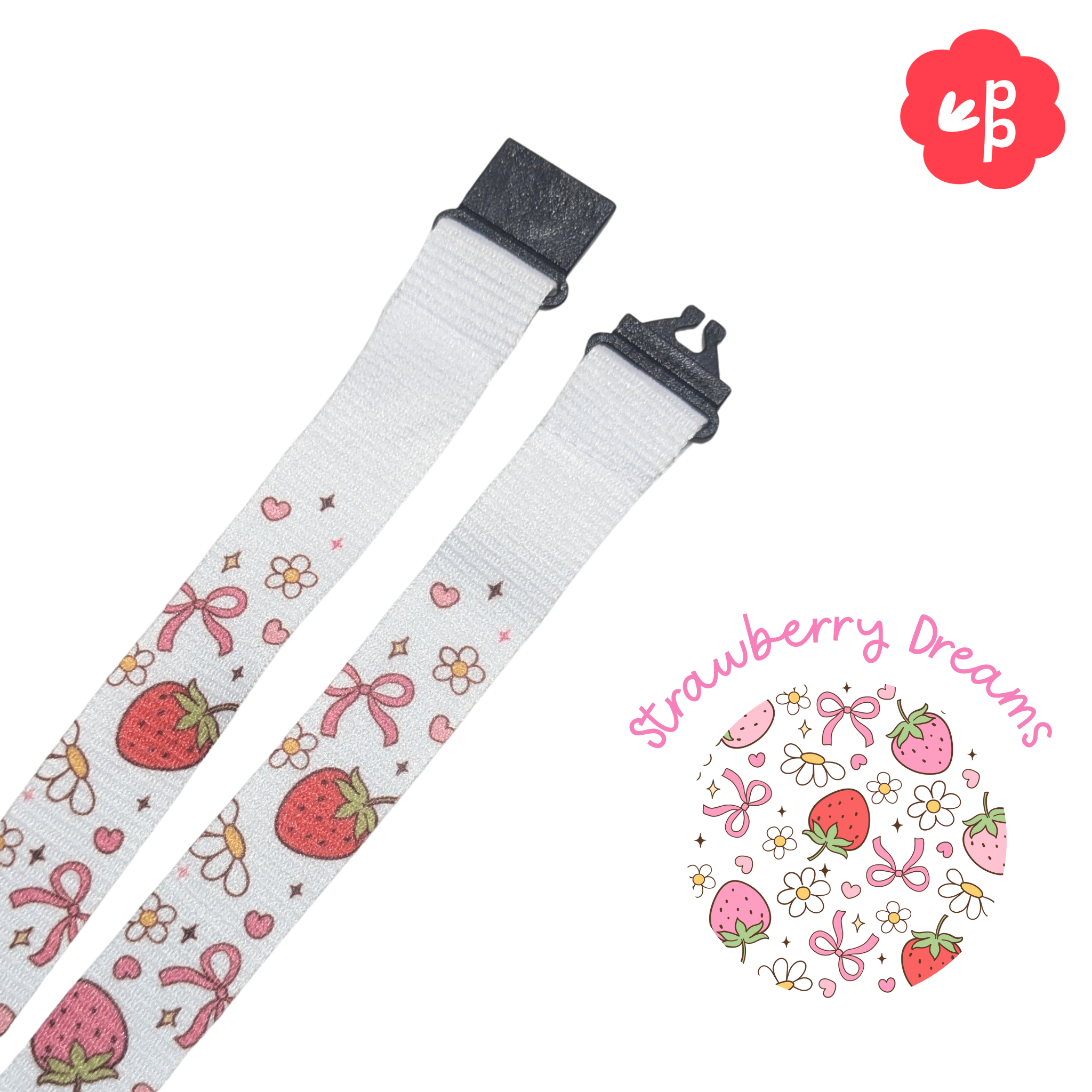 white teacher lanyard with strawberry and bow pattern on a white background and black breakaway clasp