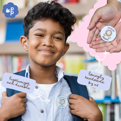 A smiling student wearing a Leadership Award badge from Priority Play, showcasing handmade, lightweight, and durable student award pins designed for schools.