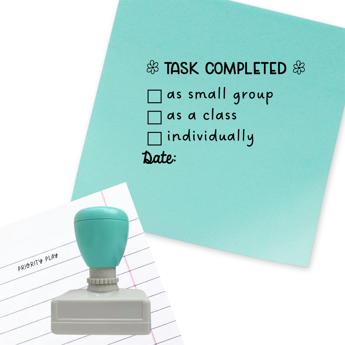 Stamp showing task completed options as small group, as a class, or individually with date section.