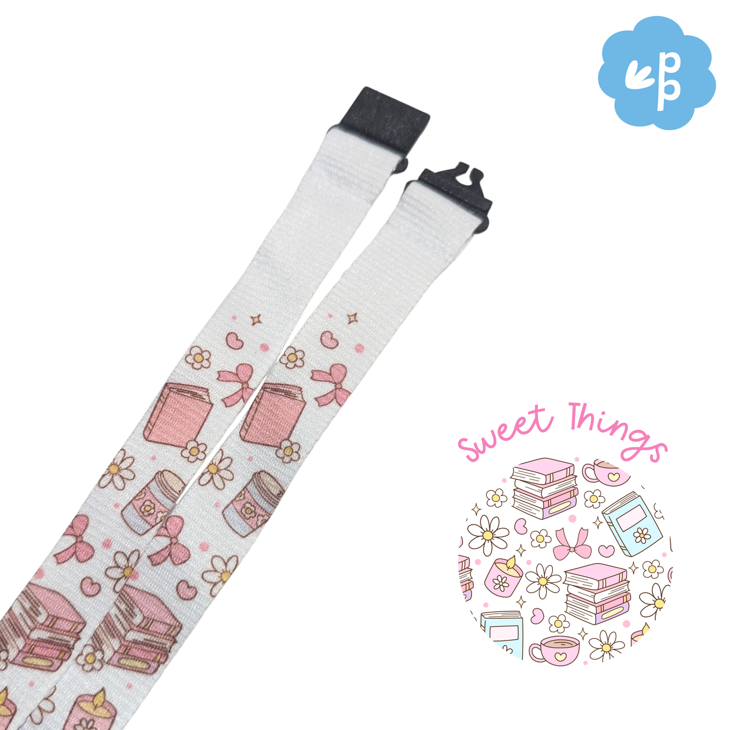 teacher lanyard with book and coffee themed pattern and black breakaway clasp.
