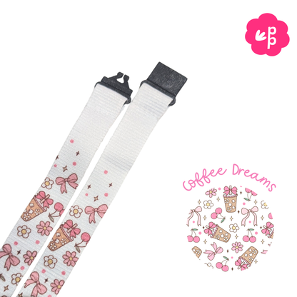 teacher fabric lanyard with pink coffee-themed design and &