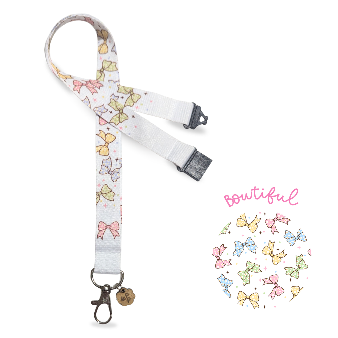 teacher Lanyard with colorful bow pattern on a white background