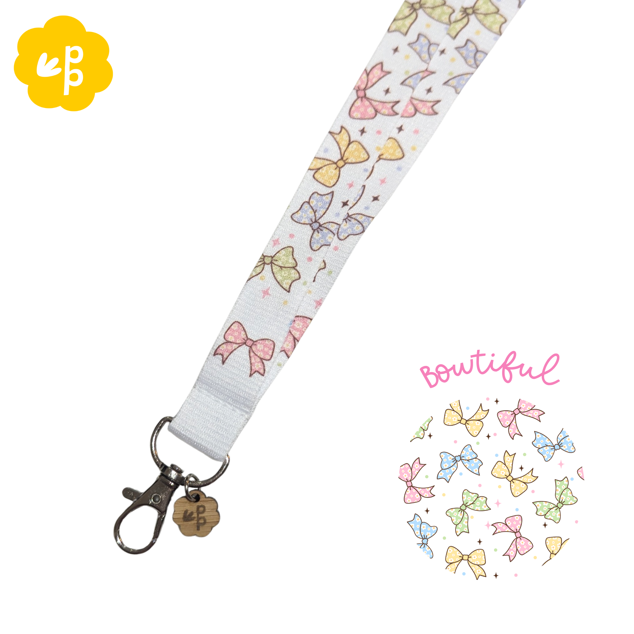 teacher Lanyard with colorful bow pattern on a white background and a silver clasp