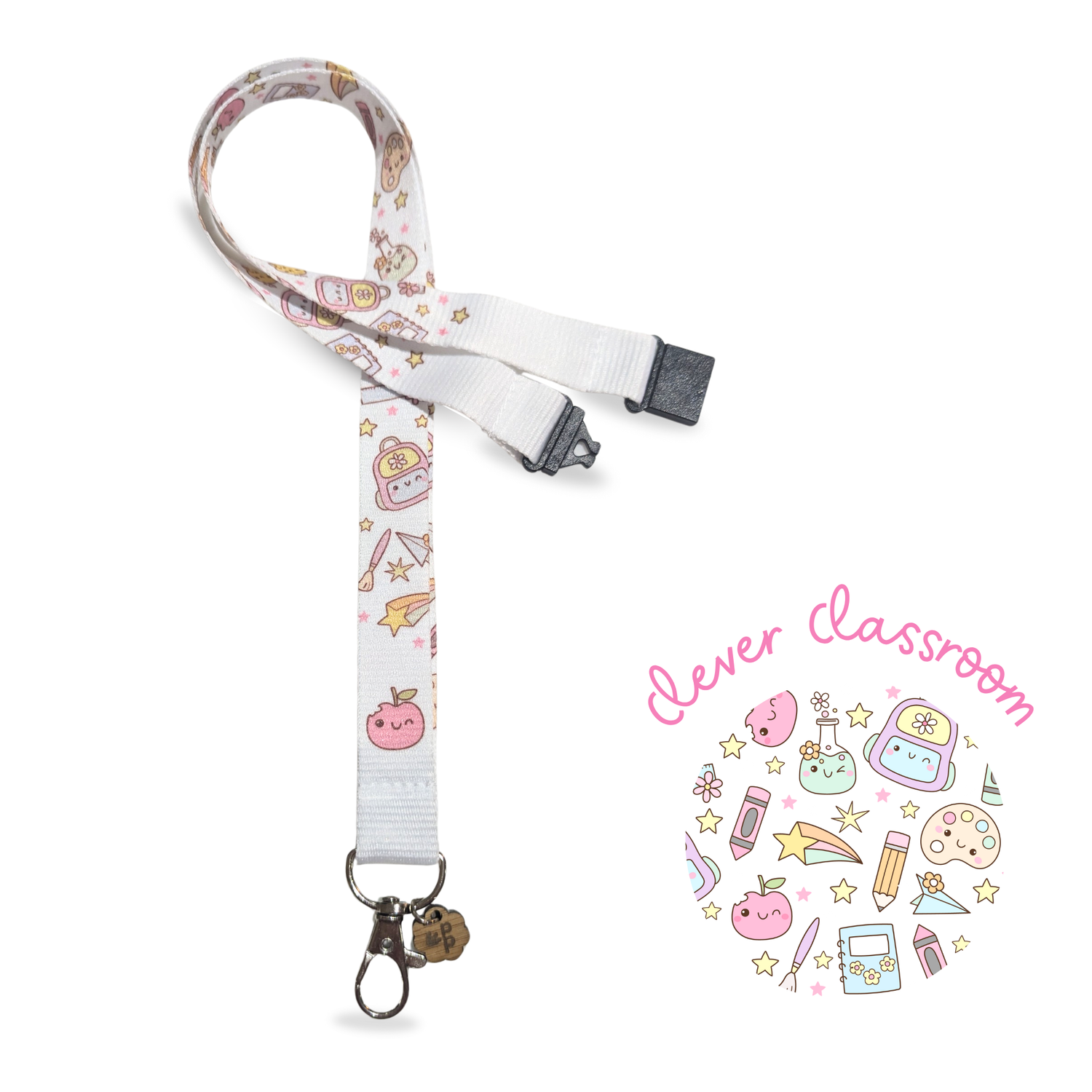 teacher Lanyard with cute cartoon school items on a white background