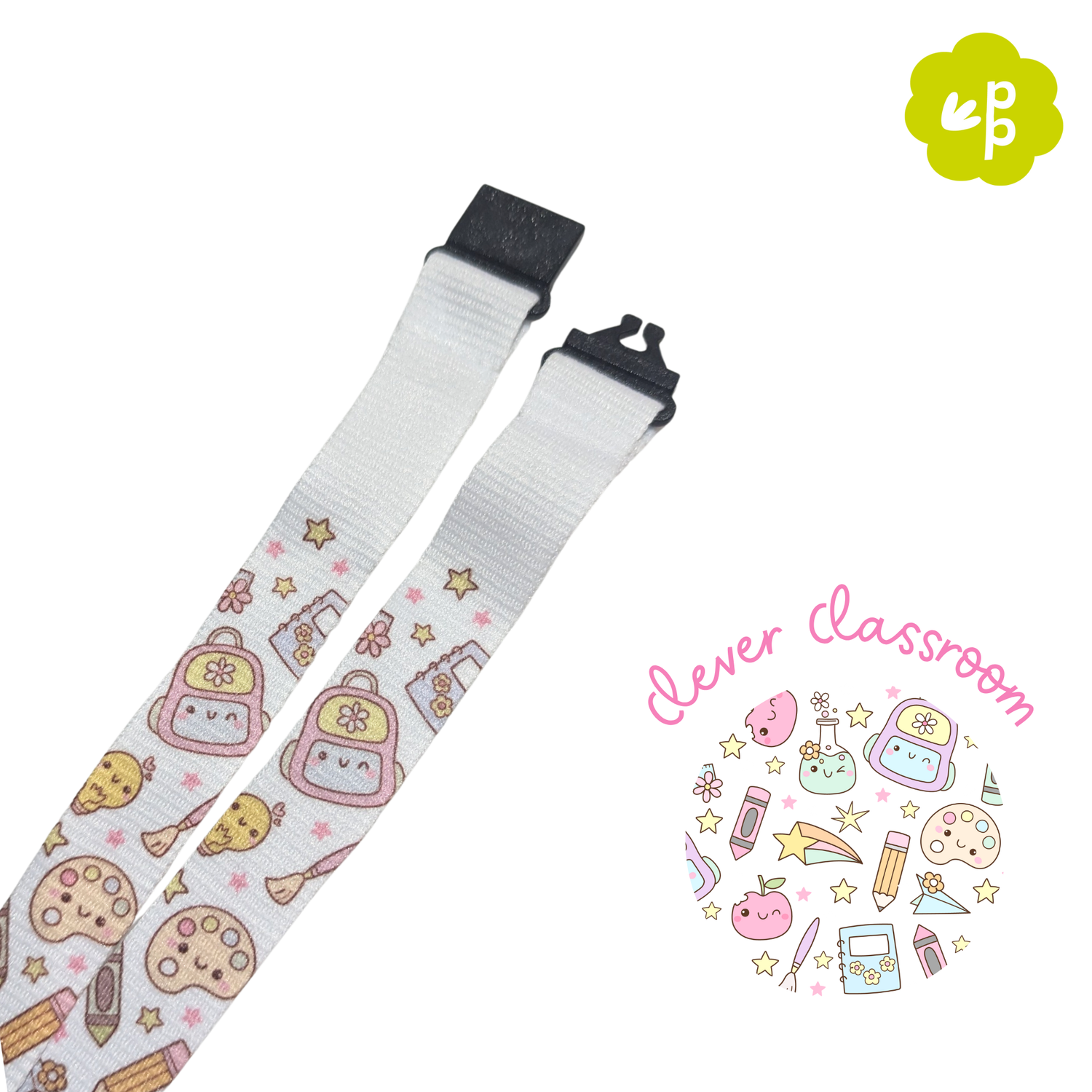 teacher lanyard with cute cartoon images on a white background with black creakaway clasps