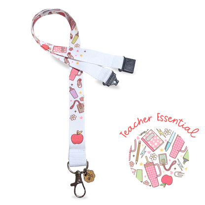 teacher lanyard with colourful stationery pattern