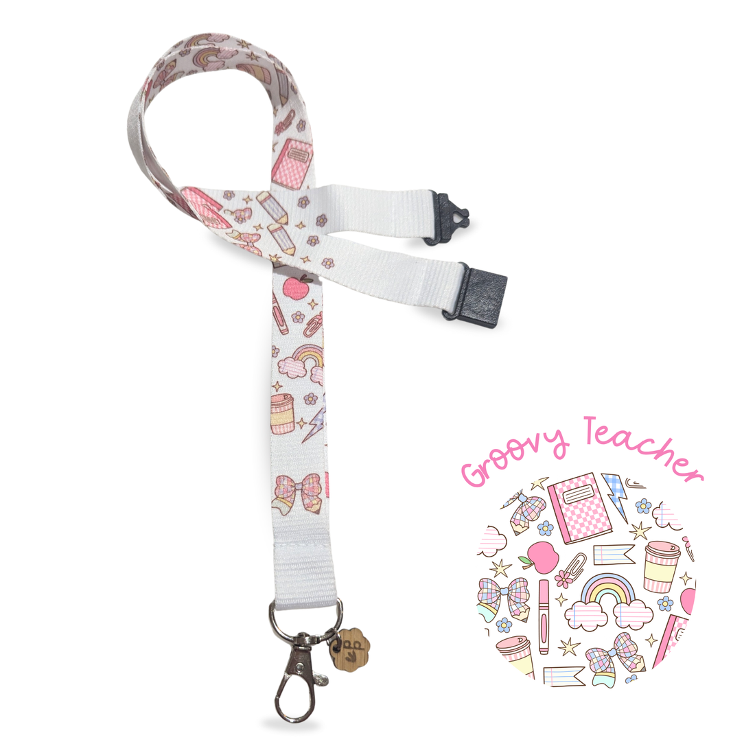 teacher lanyard with colourful teacher stationery and a white background