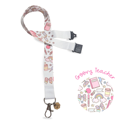 teacher lanyard with colourful teacher stationery and a white background