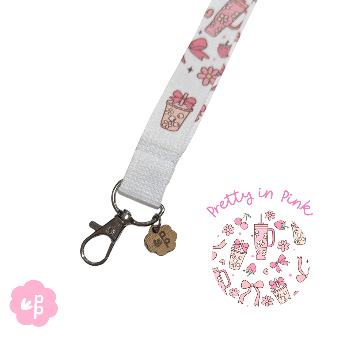 teacher Lanyard with pink floral and cup design on a white background with silver clasp