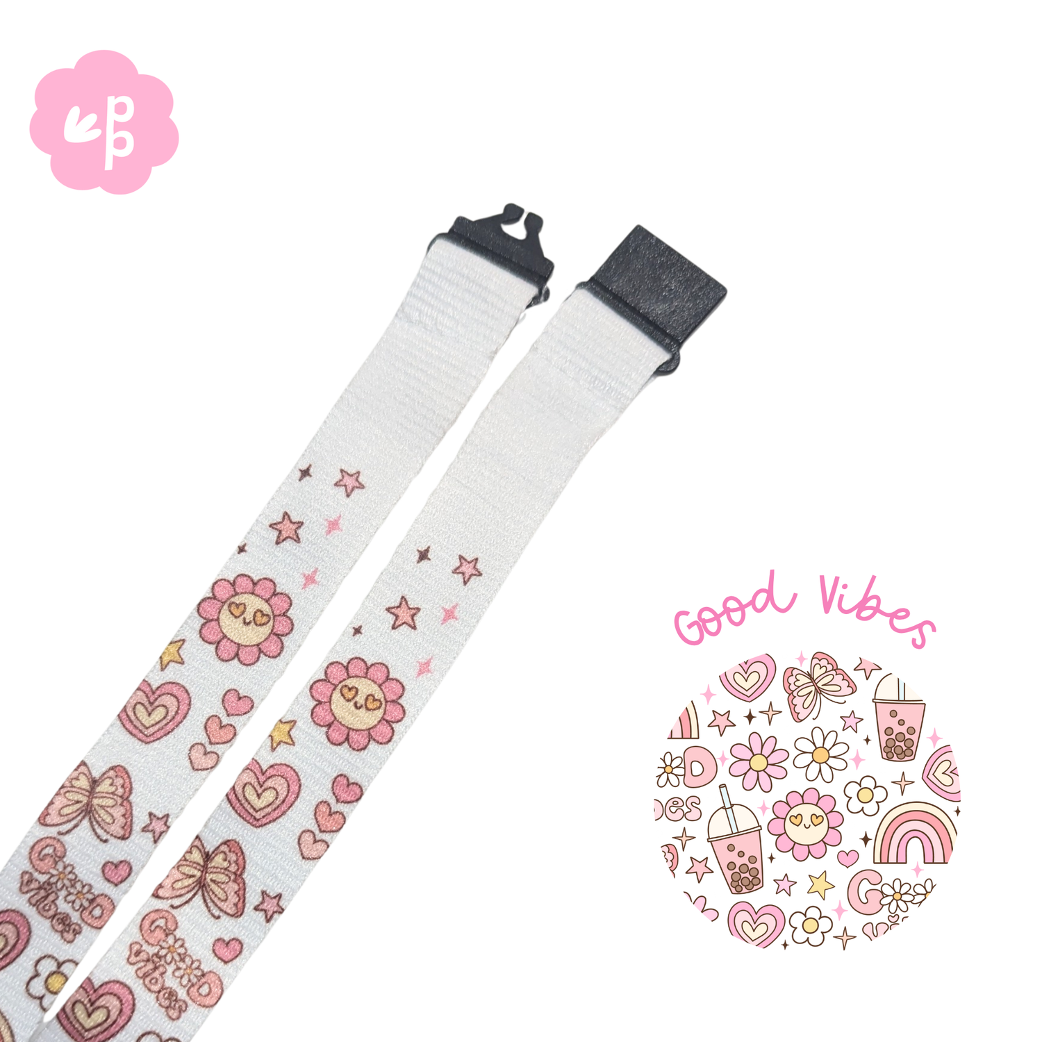 teacher lanyard with pink floral and heart designs on a white background and black breakaway clasp