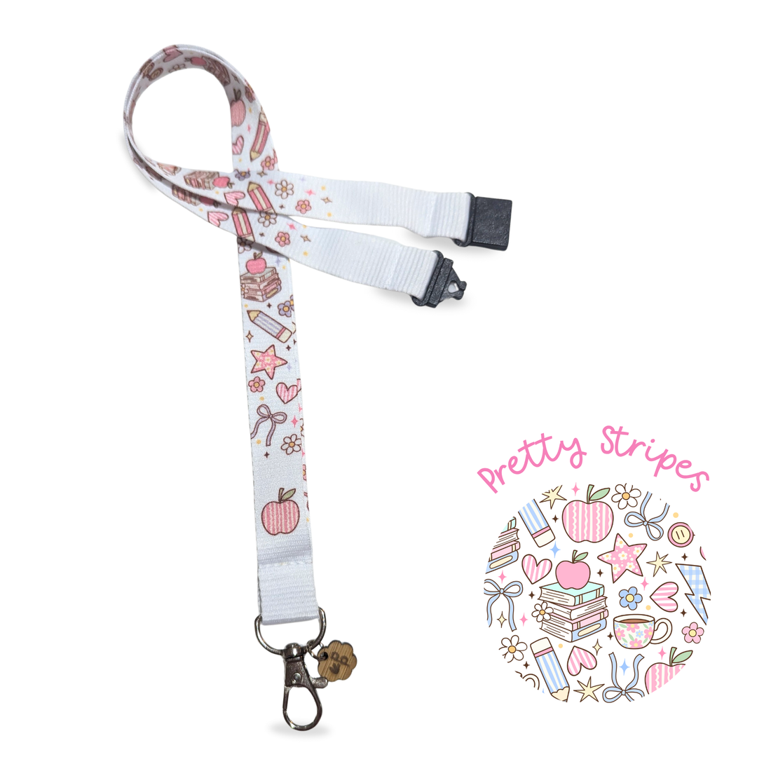 White teacher lanyard with colorful stationery designs on a white background