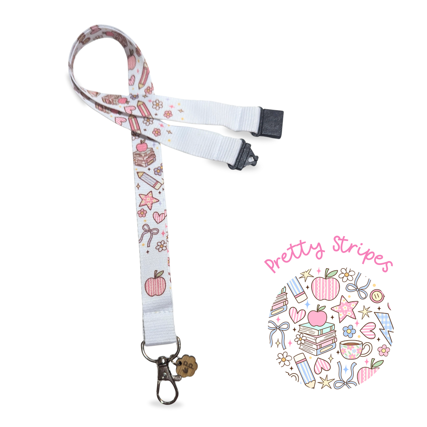 White teacher lanyard with colorful stationery designs on a white background